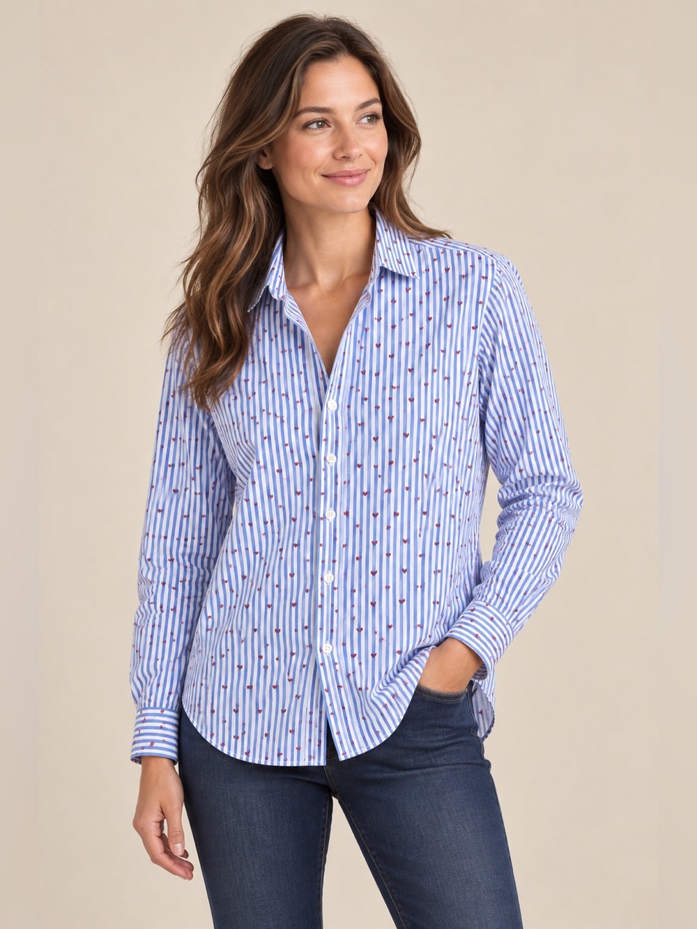 Frank & Eileen Eileen M Blue Stripe Red Heart Embroidered Italian Cotton Shirt